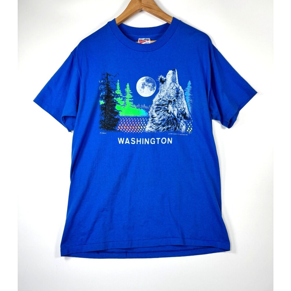 Vintage Washington Wolf Moon T Shirt Large Blue USA Made Freedom of‎ Expression